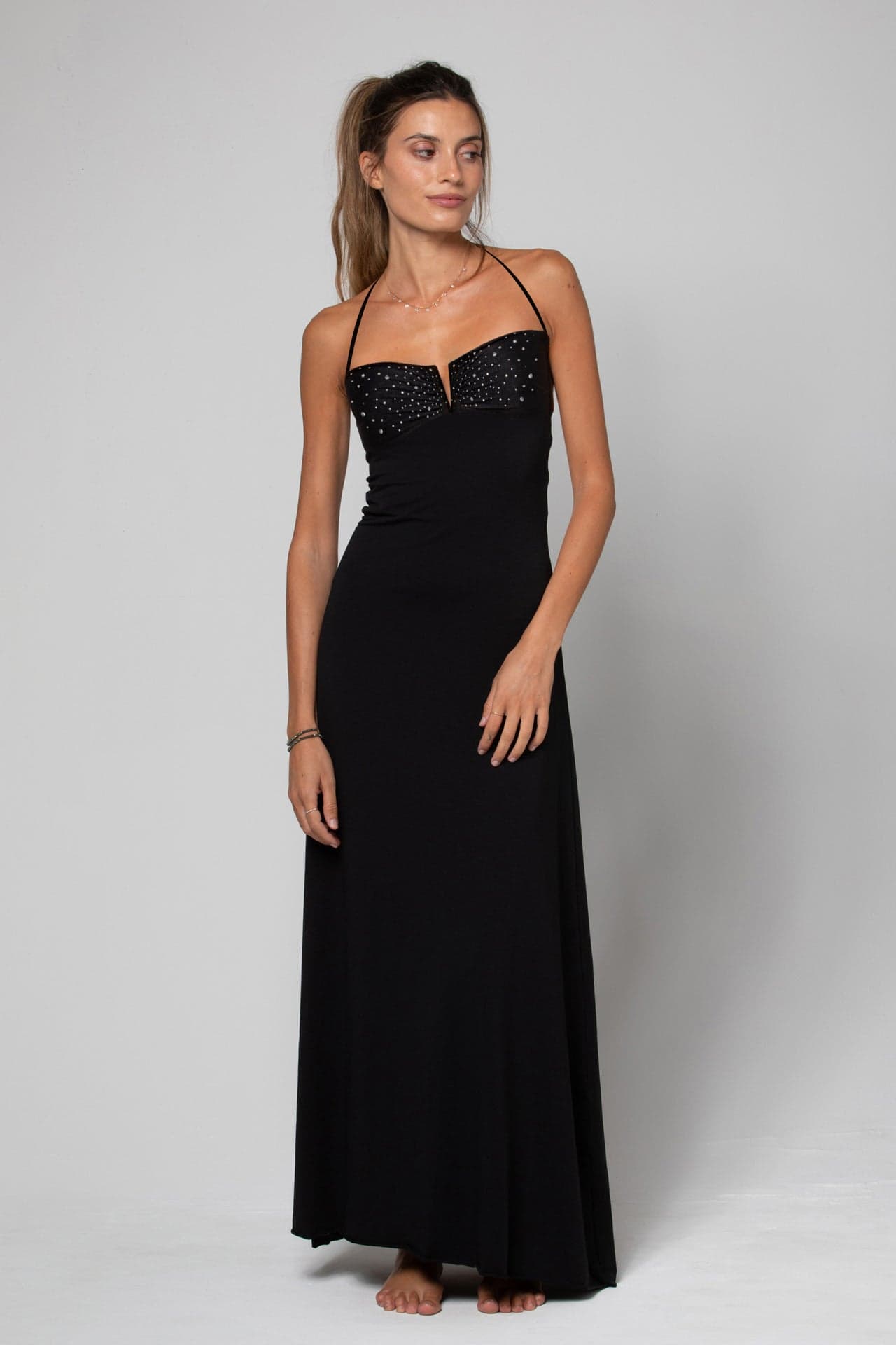 Robe Longue Bustier Avec Détails Strass Laora Noire